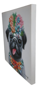 Colorful Hawaiian Pug Puppy With Flowers Canvas Wooden Picture Frame 20"X20"