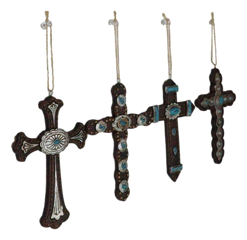 Rustic Western Turquoise Faux Leather Crosses Set of 4 Christmas Tree Ornaments