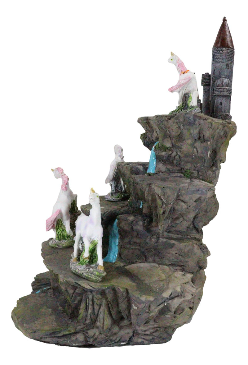 4 Miniature Rare Unicorn Pieces With Waterfall Castle Fortress Display Figurine