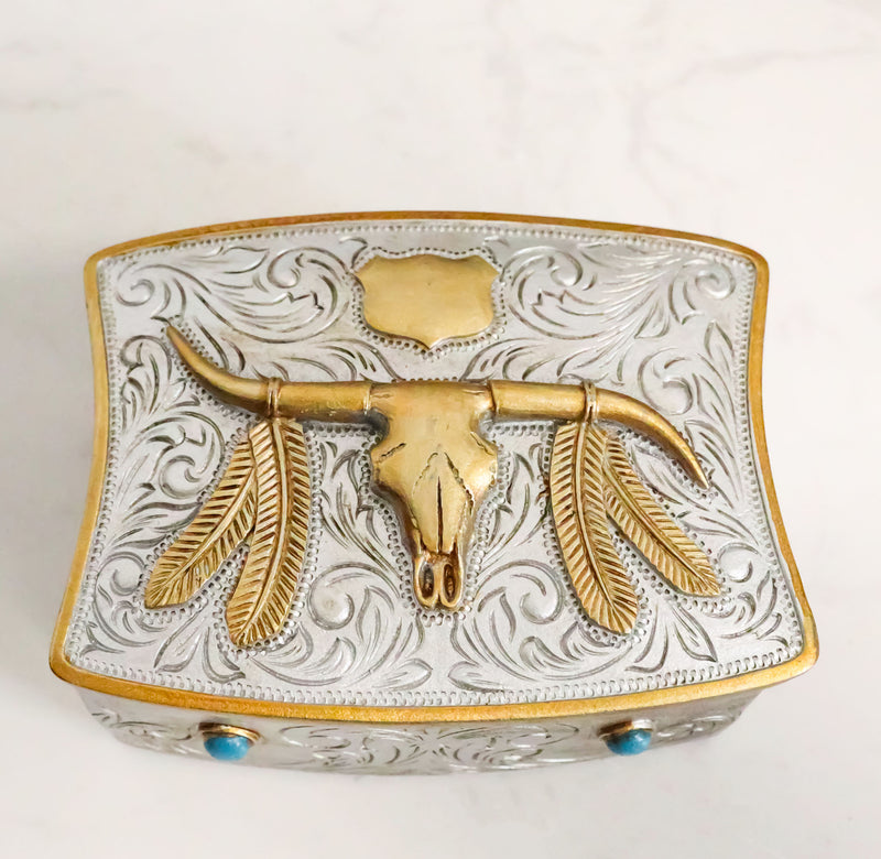 Rustic Western Native Indian Feathers Longhorn Cow Skull Decorative Trinket Box