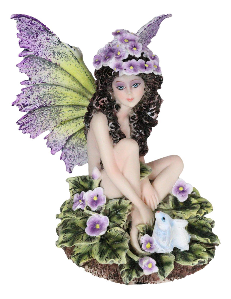 Whimsical Violet Purple Girl Fairy Sitting On Pansy Garden Bed Pixie Figurine