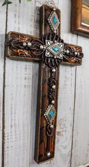 Rustic Western Turquoise Gems Silver Conchos Tooled Leather Wall Cross Decor