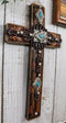 Rustic Western Turquoise Gems Silver Conchos Tooled Leather Wall Cross Decor