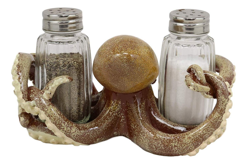 Ebros Gift Nautical Coastal Marine Octopus Wrapping Tentacles Around Glass Salt And Pepper Shakers Holder Figurine Set 6.25" Wide Kitchen Dining Table Decor