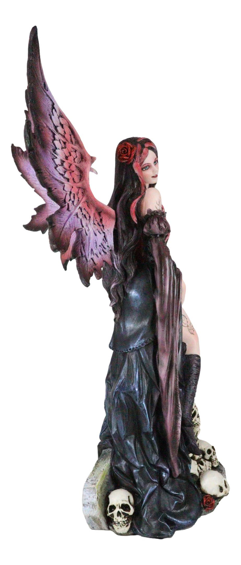 Black Sorceress Skulls Fairy with Red Rose Standing On Tombstone Figurine 15"H