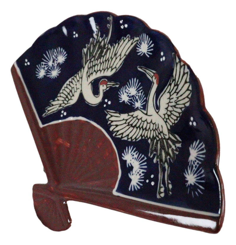 Ebros Set Of 4 White Storks Night Sky Oriental Fan Shaped Appetizer Sushi Plates