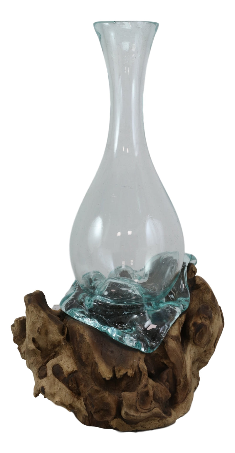 Balinese Natural Driftwood With Fitted Hand Blown Molten Glass Floral Vase