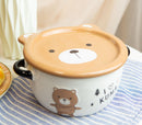 Pack Of 2 Brown And White Kuma Bear Porcelain Kids Food Bowls 25Oz W/ Lid Plate