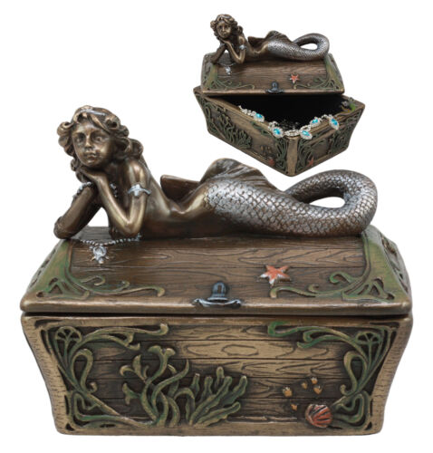 Beautiful Mermaid Resting On Sunken Treasure Chest Trinket Jewelry Box Figurine