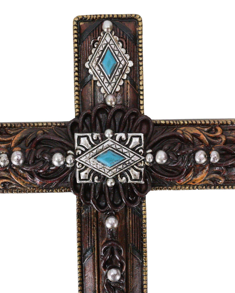 Rustic Western Turquoise Gems Silver Conchos Tooled Leather Wall Cross Decor