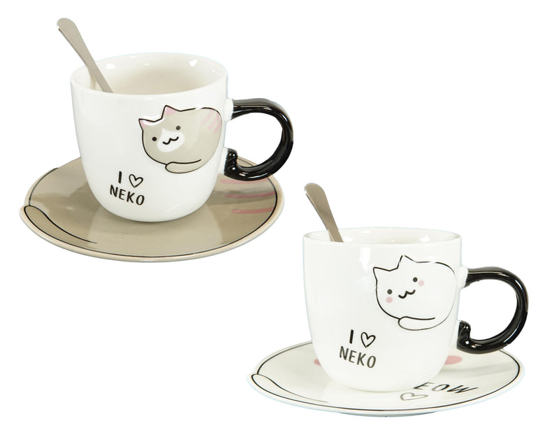 Pack Of 2 Brown And White Maneki Neko Cat Mugs 8oz With Saucer & Notched Spoon