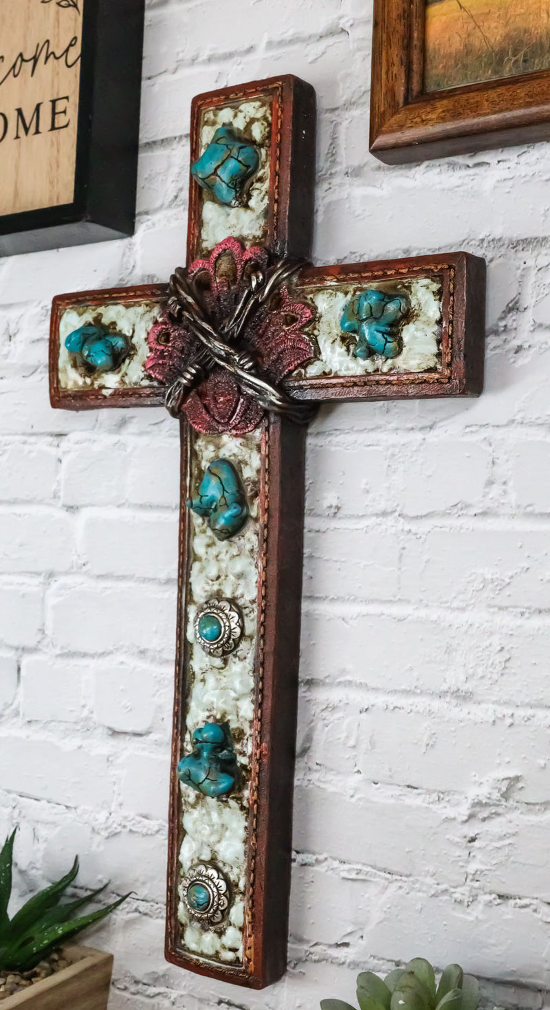 Rustic Western Crackled Turquoise Stones On White Rocks Barbed Wires Wall Cross