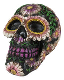 Black Day of The Dead Purple Fuchsia Floral Blooms Sugar Skull Figurine 7.5"L