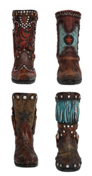 Set of 4 Western Cowboy Turquoise Tooled Leather Boots Make Up Tools Pen Holder