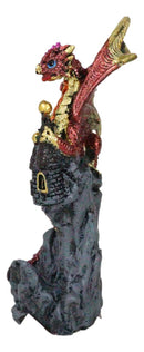 Metallic Crimson Red Dragon Guarding Castle Tower On Mountain Cliff Figurine