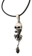 Evil Skull With Roses And Black Gemstones Pewter Necklace Pendant Rubber Cord