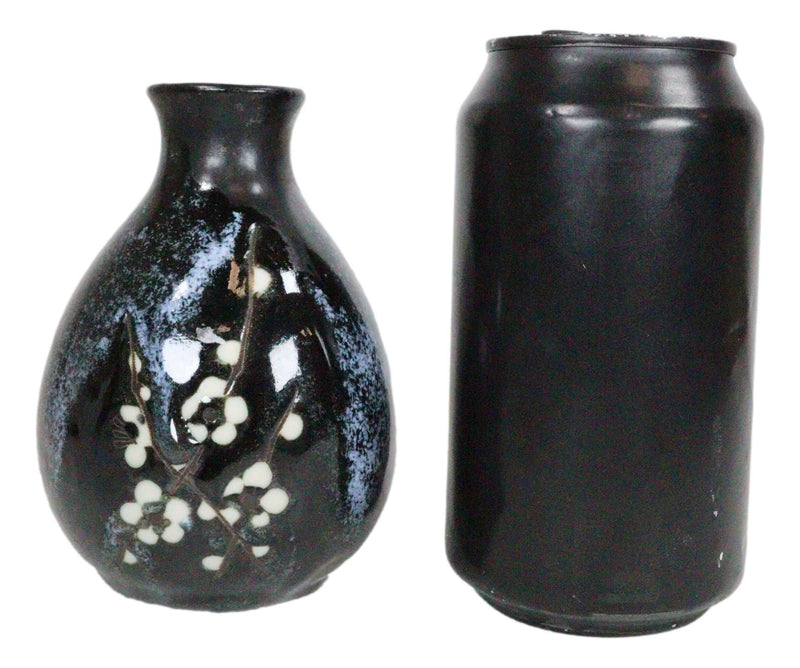 Made In Japan Ceramic Midnight White Cherry Blossoms Sake Flask With 4 Cups Set