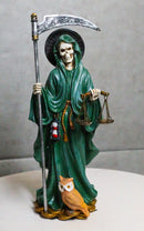 Standing Green Santa Muerte With Scythe Scales of Justice And Wise Owl Figurine