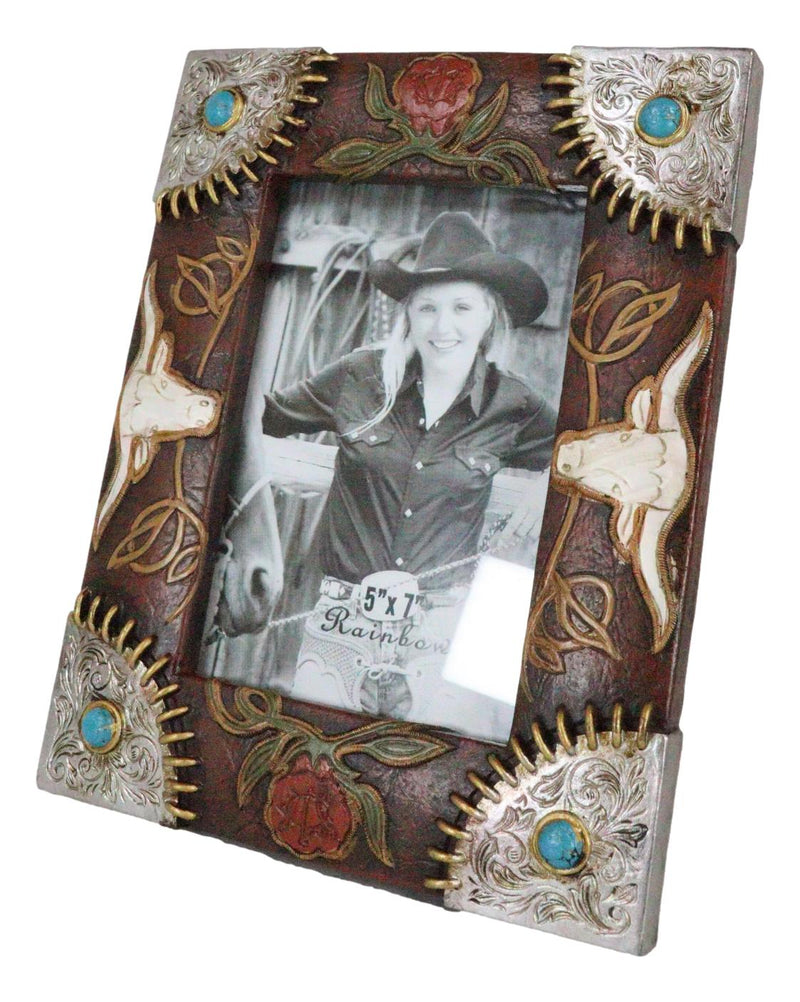 Rustic Western Longhorns Silver Conchos Turquoise Gems Picture Photo Frame 4"X6"