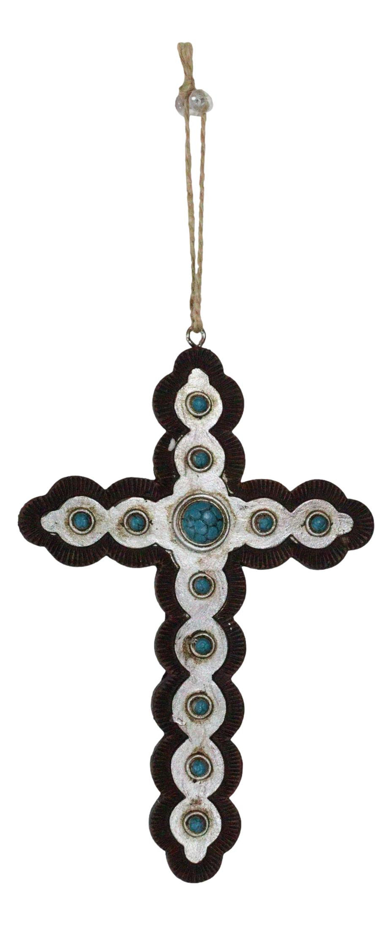 Rustic Western Turquoise Faux Leather Crosses Set of 4 Christmas Tree Ornaments