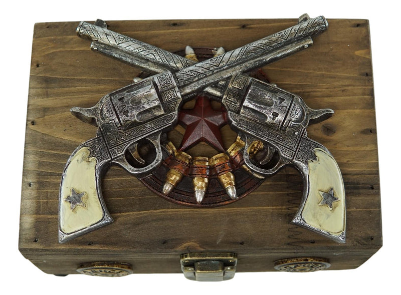 Western Rustic Cowboy Dual Revolver Pistols And Bullets Decorative Wood Box