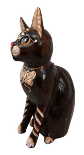 Balinese Wood Handicrafts Adorable Feline Cat With Butterfly Bow Tie Figurine