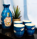 Ebros Gift Japanese Maneki Neko Lucky Charm Cat Glazed Ceramic Blue Sake Set Flask With Four Cups Great Asian Living Home Decor and Gift For Housewarming Special Friendship Eastern Decorative Party Set