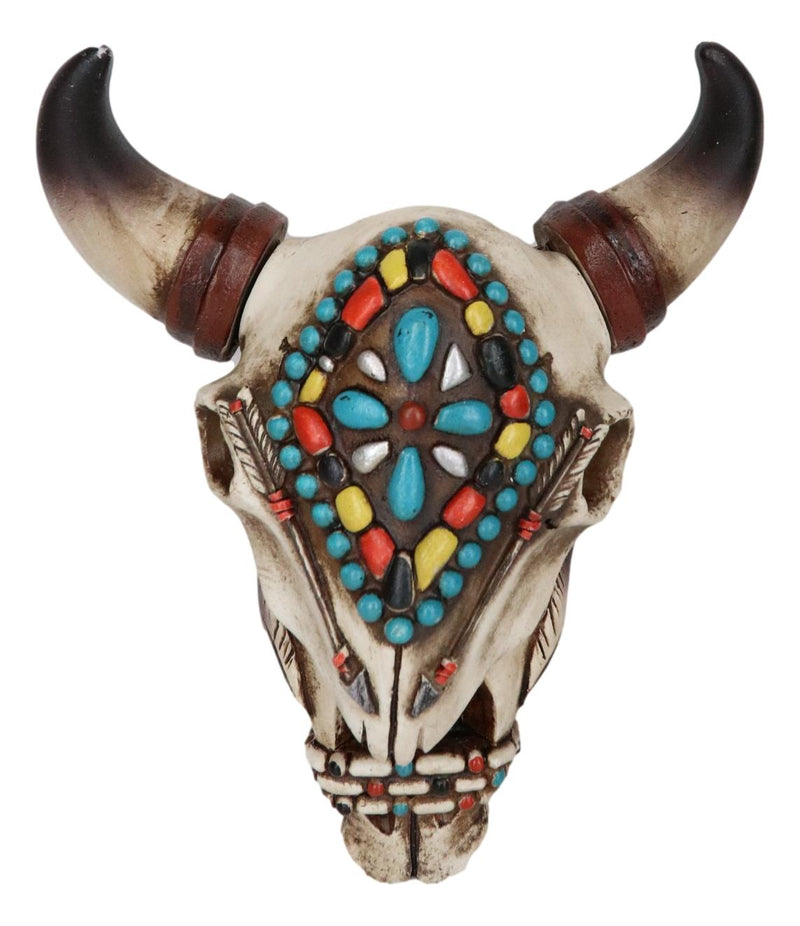 Set Of 2 Southwest Rustic Cow Skull With Turquoise Navajo Patterns Trinket Boxes