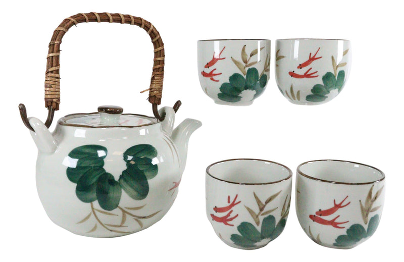 Feng Shui Auspicious Koi Fish Pair In Lily Pond Ceramic Teapot & 4 Tea Cups Set