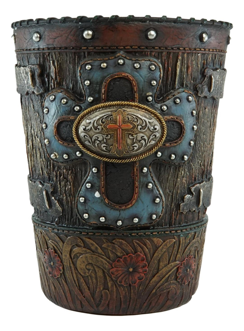 Country Rustic Western Floral Blue Cross With Concho Dry Waste Basket Trash Bin