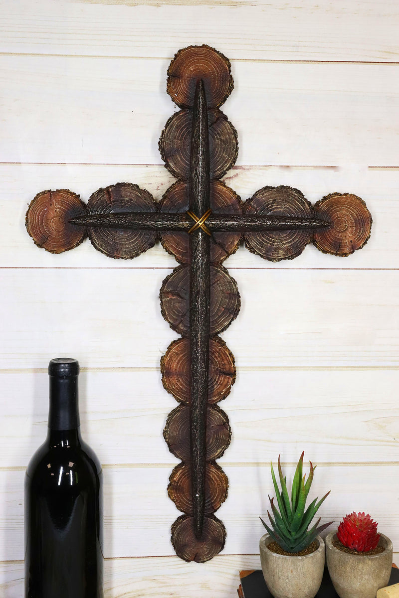 Christian Rustic Tree Bark Log Circles With Layered Nail Spikes Wall Cross