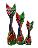 Balinese Wood Handicrafts Abstract Colorful Feline Cat Family Set of 3 Figurines