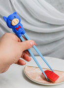 Blue Porky Pig Reusable Training Chopsticks Set With Silicone Helper BPA Free