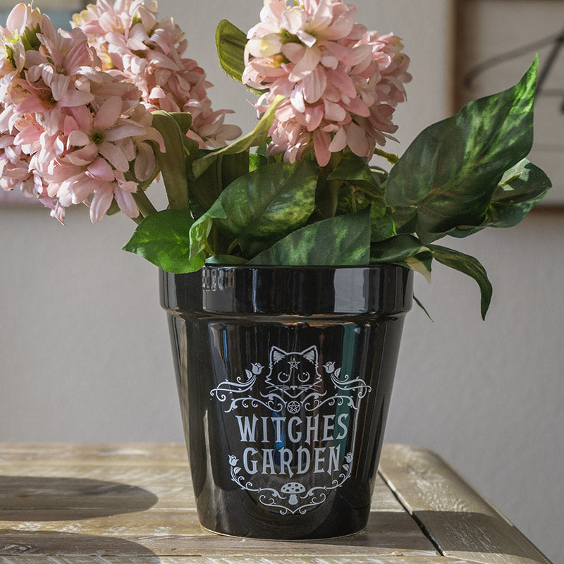 Black Cat Witches Garden Wicca Witchcraft Apothecary Flower Herbs Planter Pot