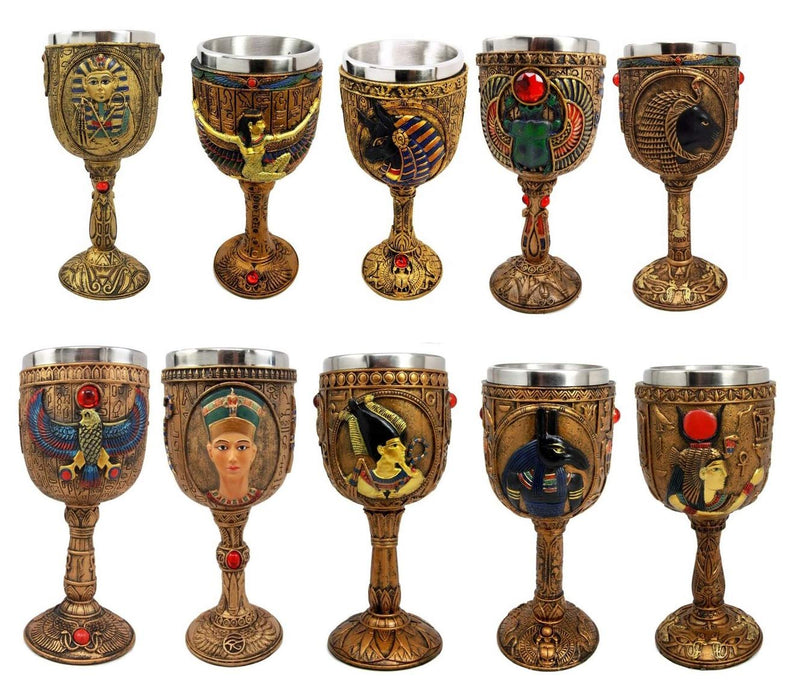 Ebros Set of 10 Egyptian Gods Wine Goblets 6oz Anubis Horus Sekhmet Osiris Etc