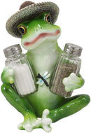 Ebros Green Toad Tree Frog With Sombrero Glass Salt Pepper Shakers Holder Set