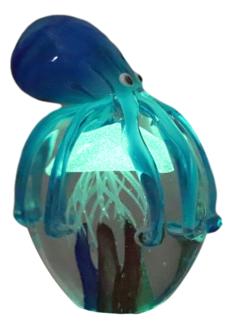 Ebros Hand Blown Glass Glow In The Dark Jellyfish W/ Blue Octopus Figurine