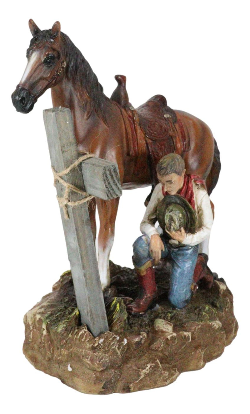 Rustic Western Cowboy By Brown Horse Praying At The Foot Of The Cross Figurine