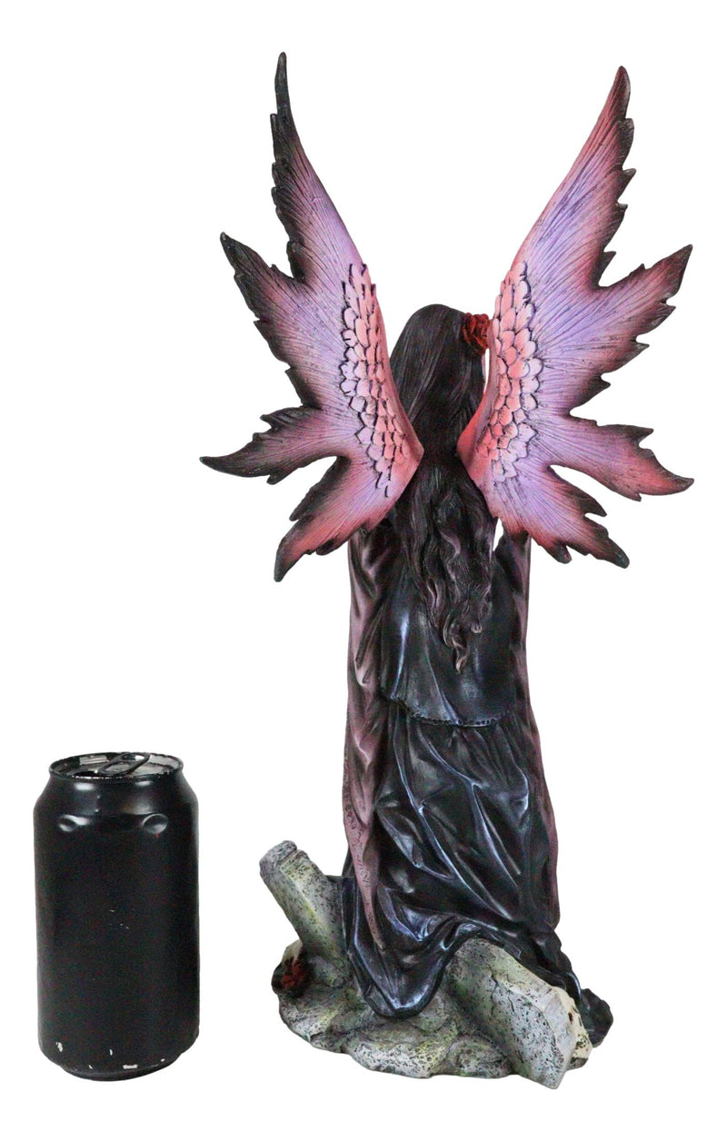 Black Sorceress Skulls Fairy with Red Rose Standing On Tombstone Figurine 15"H