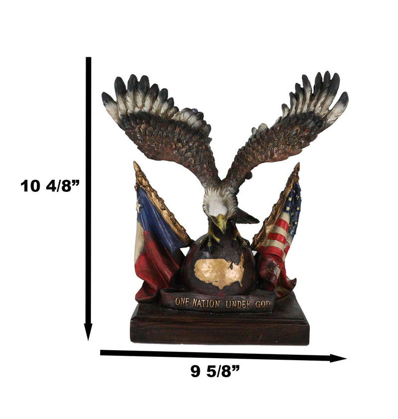 Bald Eagle On Globe With Texas & American Flags Figurine One Nation Under God