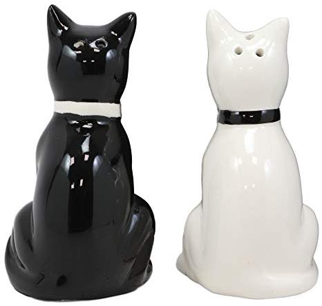 Ebros Gift Ceramic Black And White Kitty Cats Couple Salt And Pepper Shakers Spicy Love Magnetic Kissing Feline Kittens Figurine Set 3.75"Tall