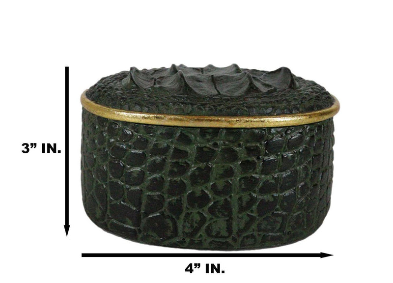 Faux Crocodile Pattern Textured Green Print Gold Oval Decorative Jewelry Box