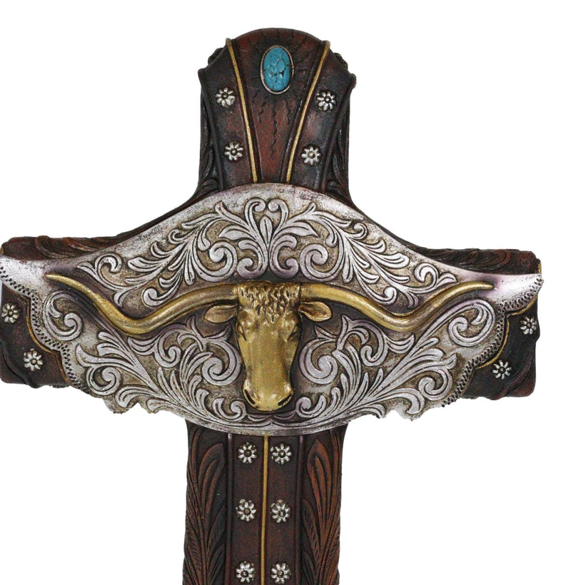 Rustic Western Texas Longhorn Bull Cow Tooled Concho Turquoise Rocks Wall Cross