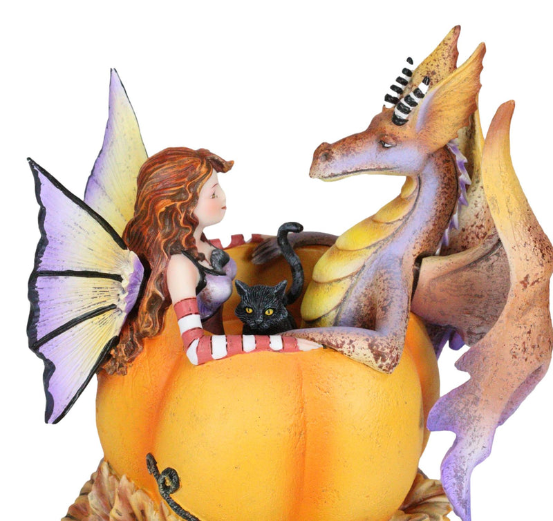 Amy Brown Halloween Fairy Black Cats And Dragon In Pumpkin Fall Leaves Figurine