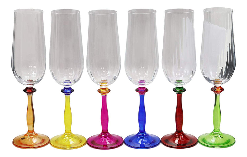 Ebros Set of 6 Italian Import Champagne Or Sparkling Wine Elegant Flute Beveled Glasses With Kiln Infused Colorful Stylized Stem Base 6oz Bartending Party Hosting Glassware