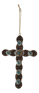 Rustic Western Turquoise Faux Leather Crosses Set of 4 Christmas Tree Ornaments