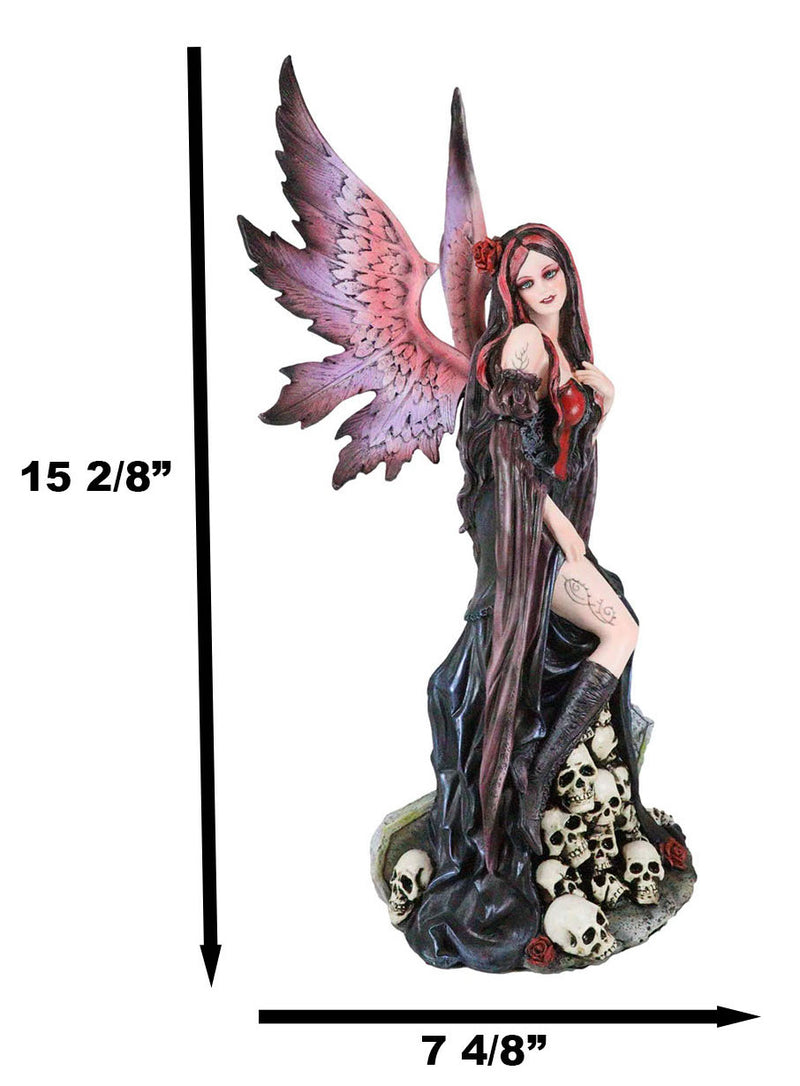 Black Sorceress Skulls Fairy with Red Rose Standing On Tombstone Figurine 15"H