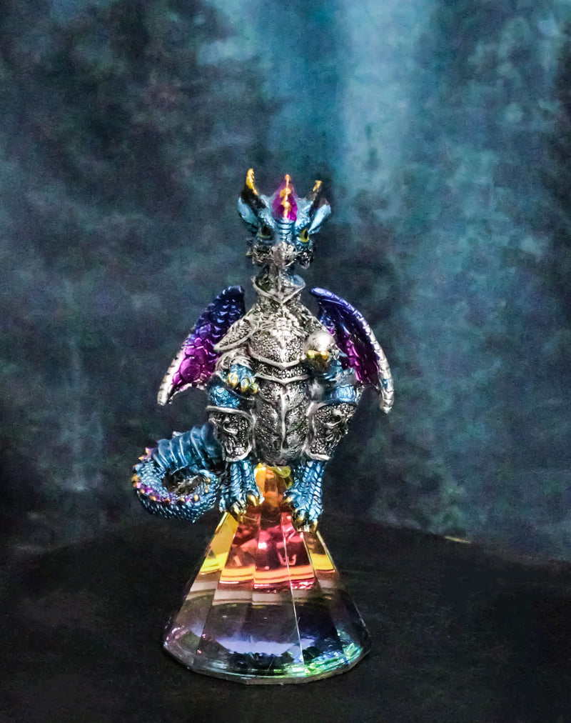 Blue Iridescent Armored Rainbow Wyrmling Dragon With Faux Crystal Prism Figurine