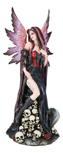 Black Sorceress Skulls Fairy with Red Rose Standing On Tombstone Figurine 15"H