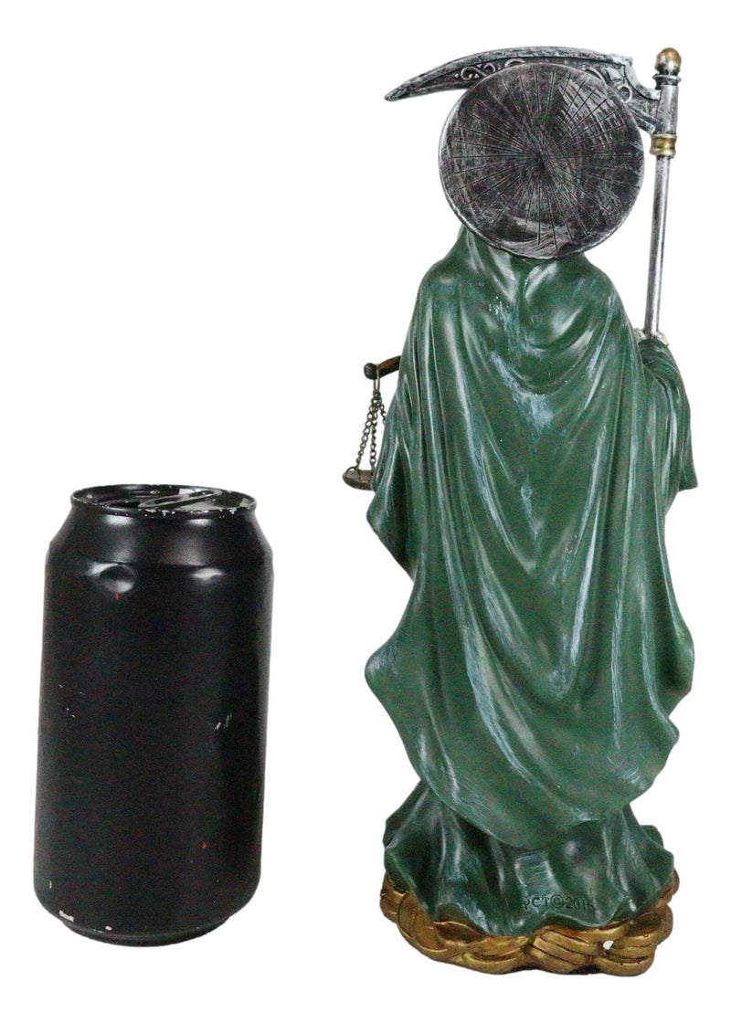 Standing Green Santa Muerte With Scythe Scales of Justice And Wise Owl Figurine